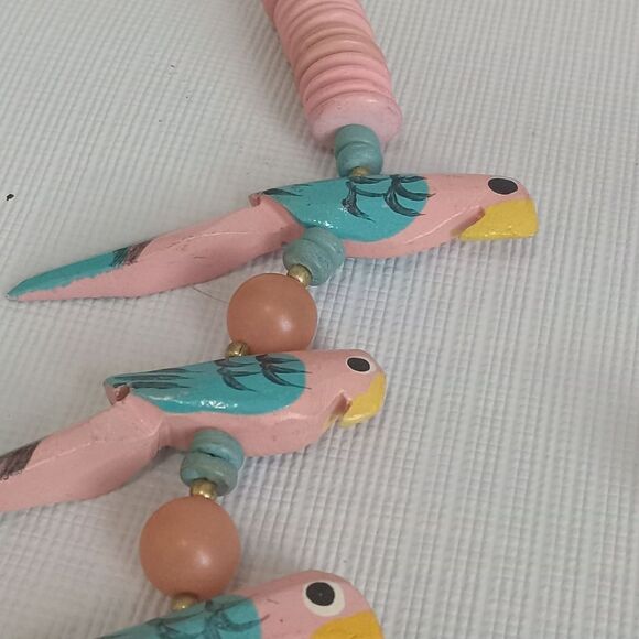 Pink & Blue Painted Wooden Parrot Shaped Beads Single Strand Statement Necklace - Picture 6 of 12